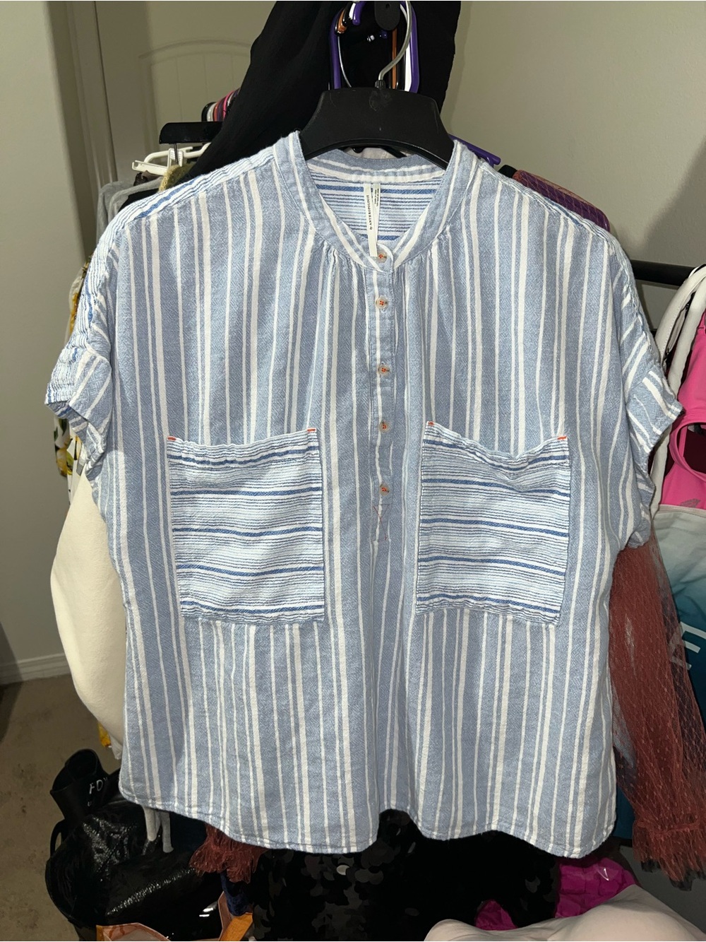 Anthropologie Light Blue and White Striped Short-Sleeve Pocket Shirt